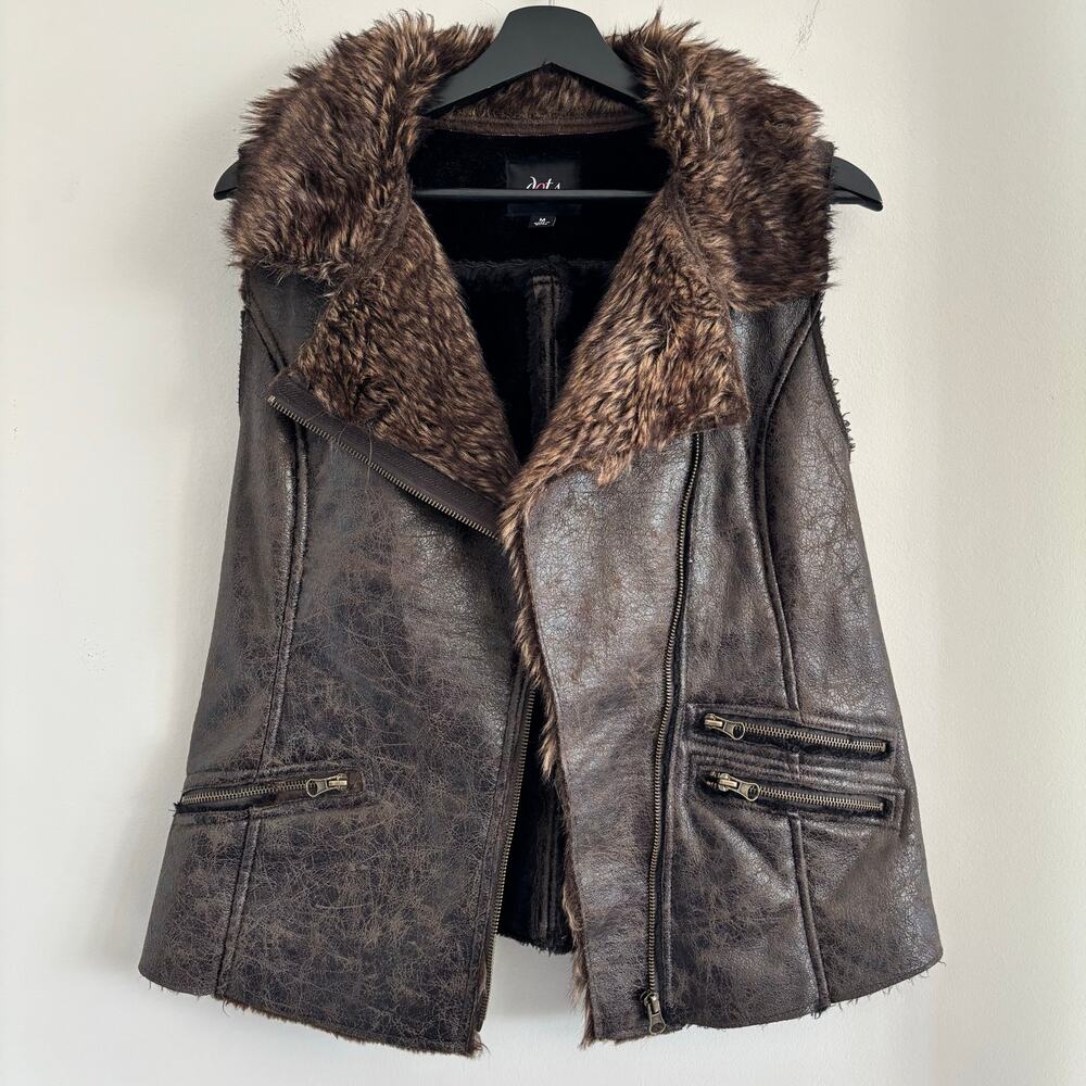 Dots Faux Fur Trim Leather Vest with Zipper Pockets Women's Size M - Picture 1 of 7